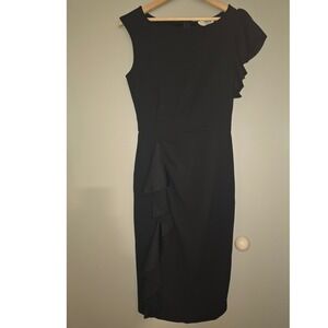 Aisize Black Ruffle One Sleeve Sheath Cocktail Dress Womens Small NWT